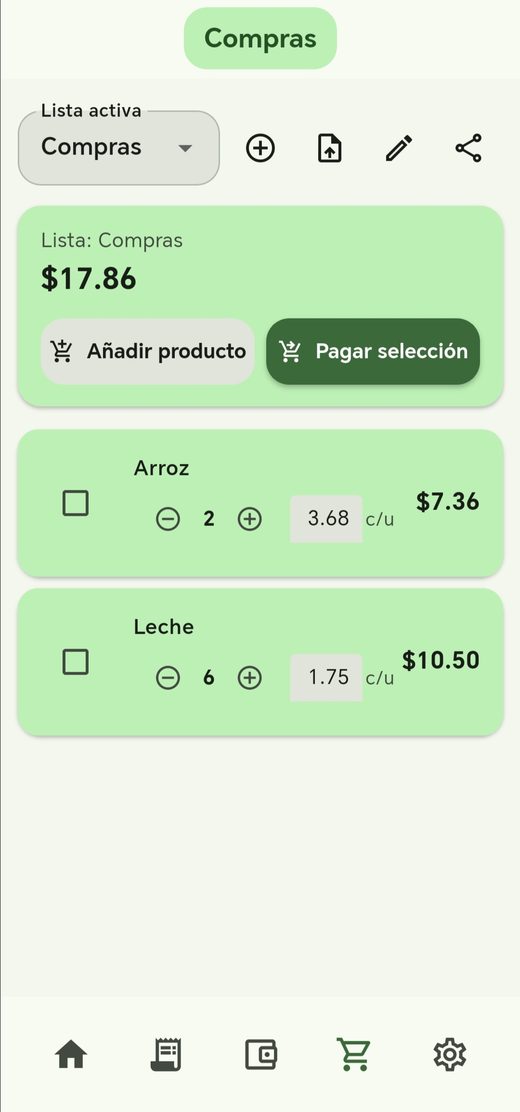 Lista de compras en Smart Wallet