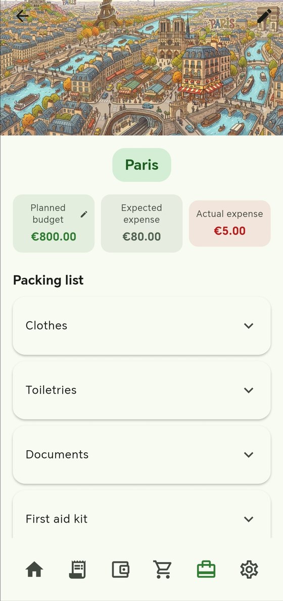 Modo Viajero en Smart Wallet mostrando un viaje a París con presupuesto y lista de empaque